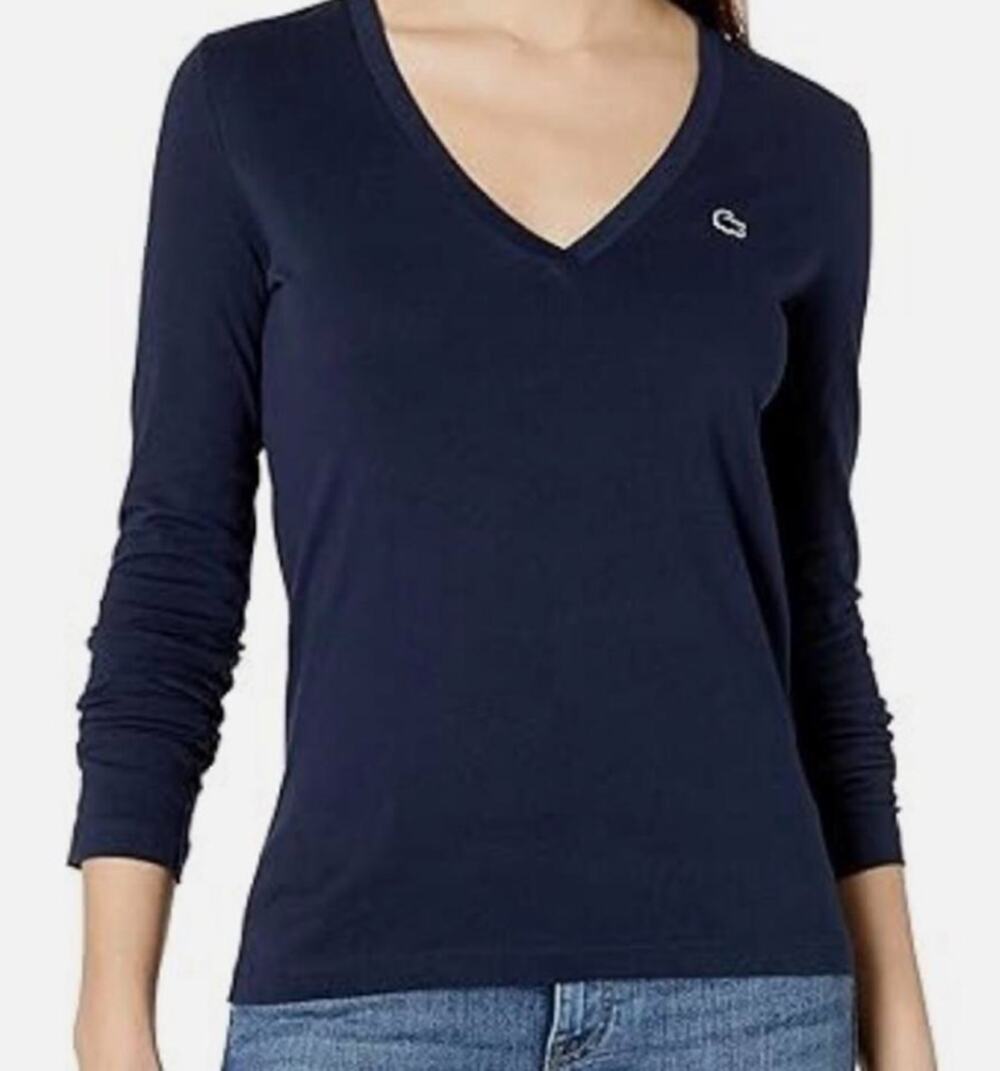 Lacoste Women's Long Sleeve Cotton Jersey V-Neck Tee Shirt Navy Blue 2